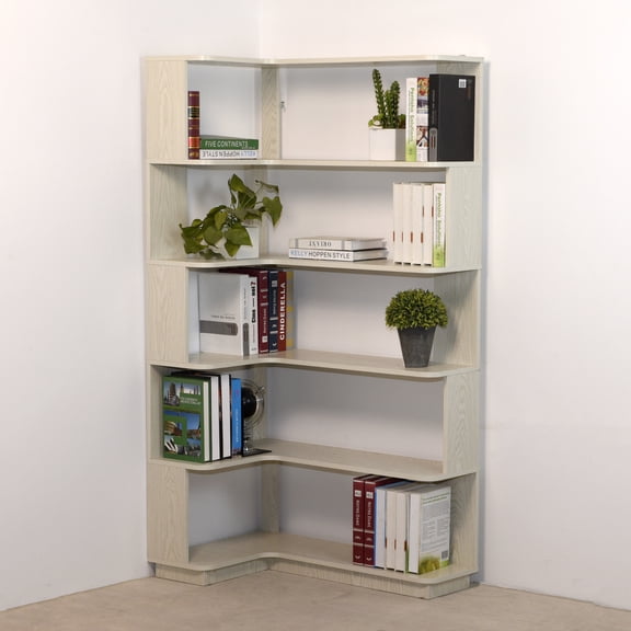 GDF Studio Derwin 5-Tier Corner Bookshelf, L-Shaped Wooden Bookcase for Living Room, Home Office, White Oak