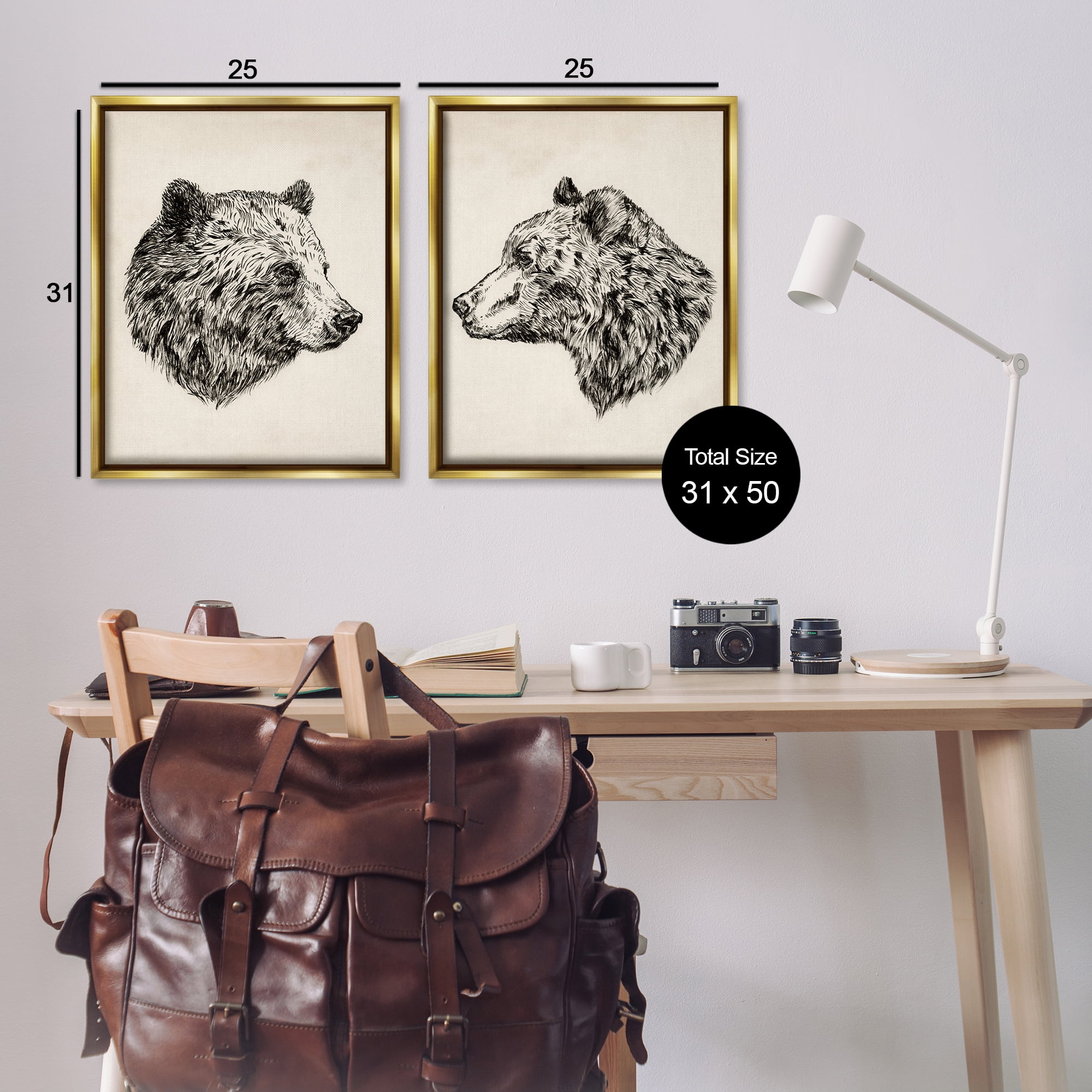 Stupell Industries Portrait Brown Bear Animal Animals Drawing Gold Floater Framed Canvas Art Print Wall Art, 31 x 25, Set of 2