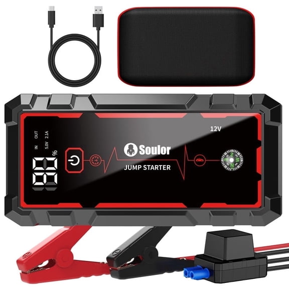 Soulor 3000A Car Jump Starters for 8.0L Gas 4.0L Diesel 12V Lithium Jump Box with Jumper Cables, Dual USB Ports, LED Light