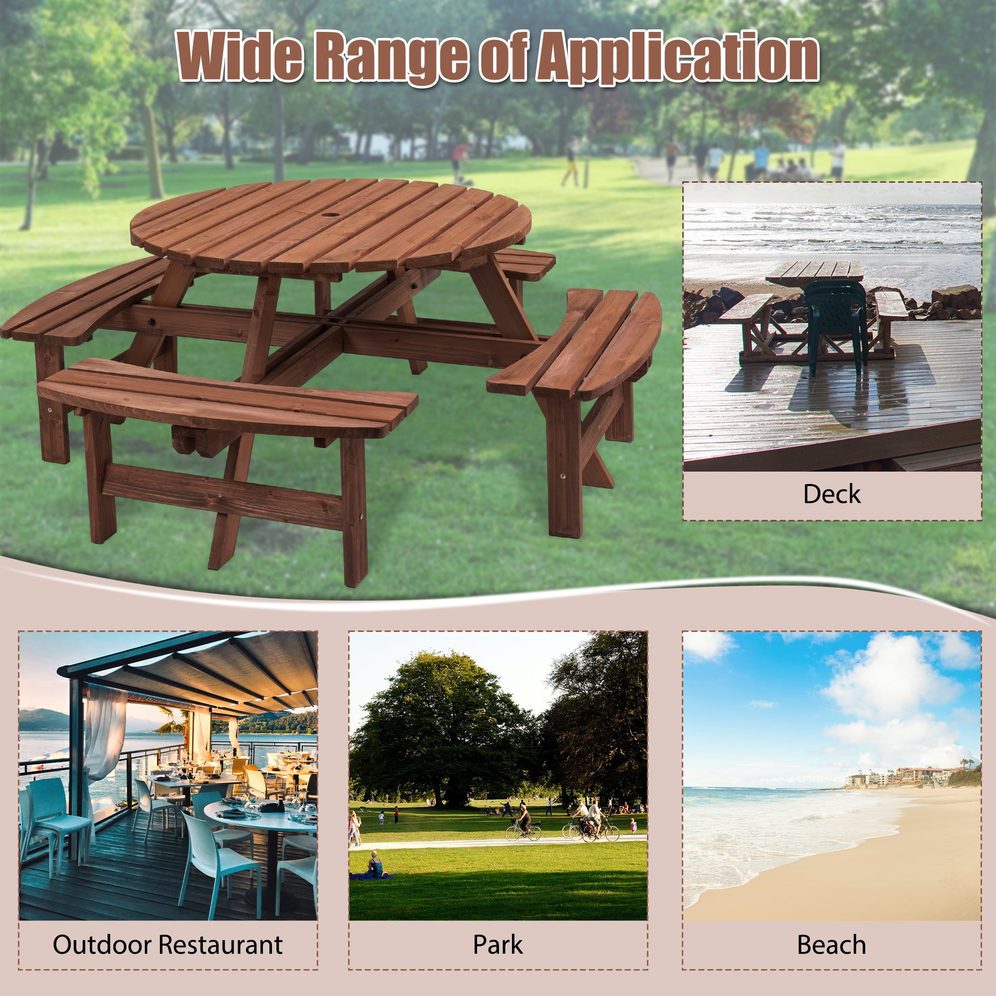 8‑Person Natural Fir Wood Round Picnic Table with 4 Built‑in Curved Benches, 2220lb Total Capacity Outdoor Dining Set with 2” Umbrella Hole for Garden Backyard Camping