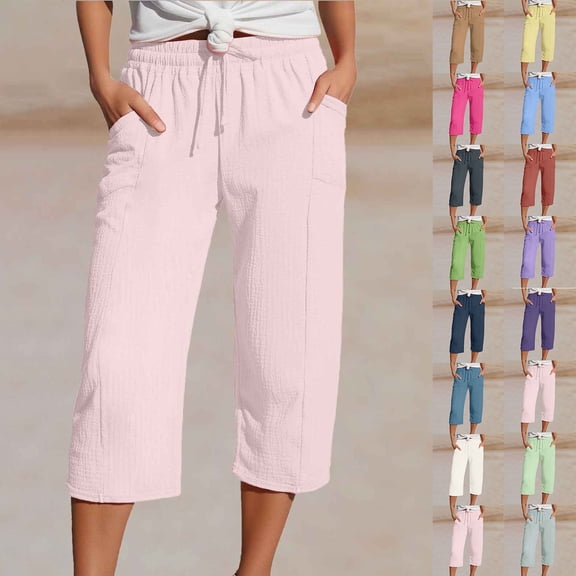Women's Linen Casual High Waist Capris with Pockets (Light Pink M)
