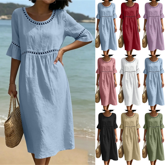 Dvprdro Womens Summer Cotton Linen Crewneck Half Sleeve Ruffle Hem Lace Detail Loose A Line Maxi Dress Casual