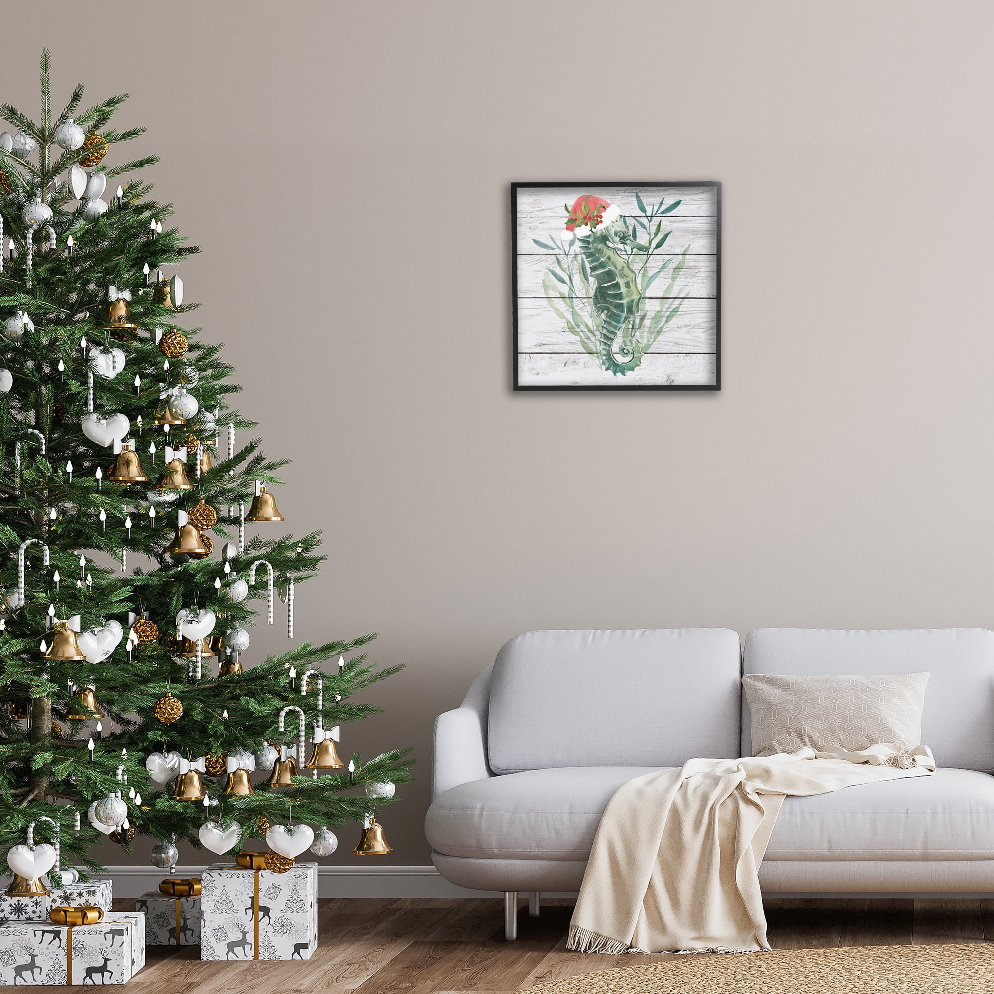 Stupell Industries Christmas Seahorse with Santa Hat Nature Painting Black Framed Art Print Wall Art, 24 x 24