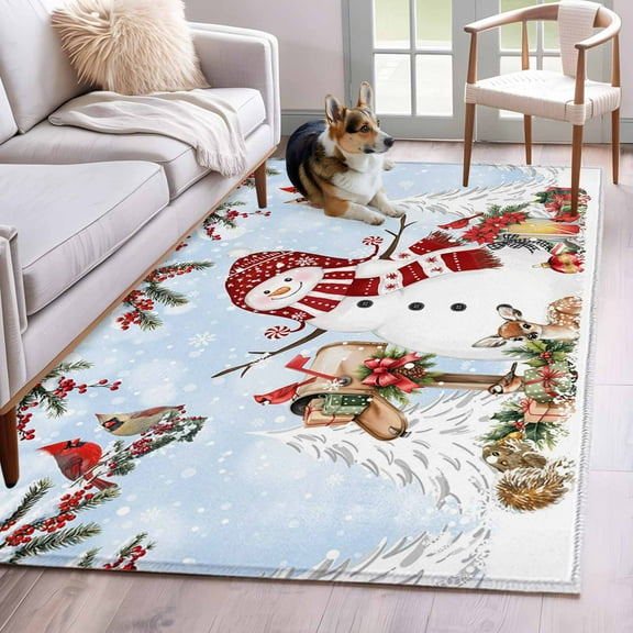 Blue Christmas Area Rug 3x5 Washable Rug Non Slip Red Snowman Xmas Tree Snowflake Winter Large Area Rug Indoor Floor Carpet for Entryway Bedroom Kitchen Living Room Home Office Dining Room Nursery