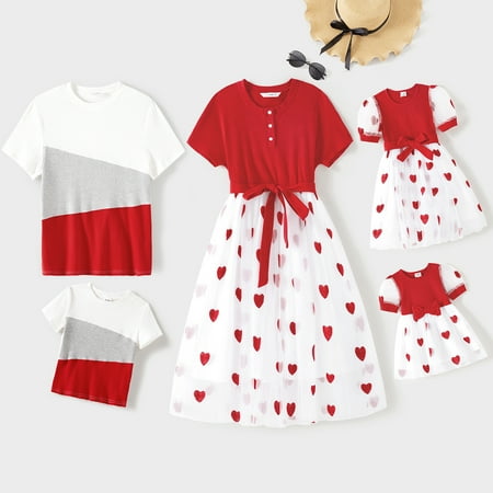 

PatPat Family Matching Solid Spliced Allover Heart Embroidered Mesh Dresses and Short-sleeve Colorblock Ribbed T-shirts Sets