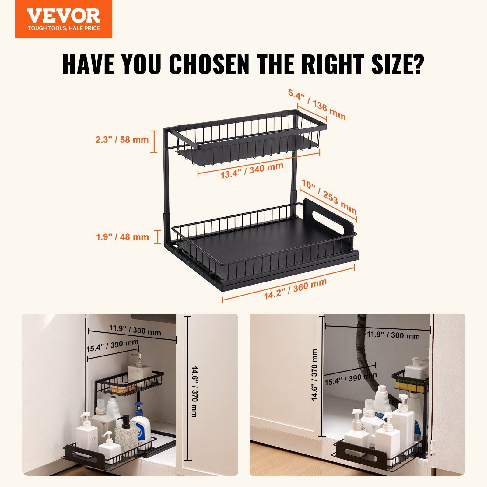 Kitchen Cabinet Organizer with 2-Tier Slide-Out Wire Baskets, 10.7x14.2 Inch Under Sink Storage Drawer – Compact Design