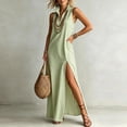 thumbnail image 6 of ZQUUVOU Women's Sleeveless Striped Maxi Dress Stand Collared V Neck High Slit Hem Casual Shift Dress Summer Vacation Outfits Olive Green, 6 of 7
