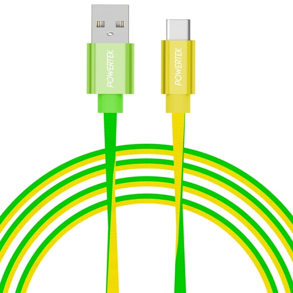 Liquipel Powertek Neon Two-Tone 6' USB-A to USB-C Cable, Green and Yellow