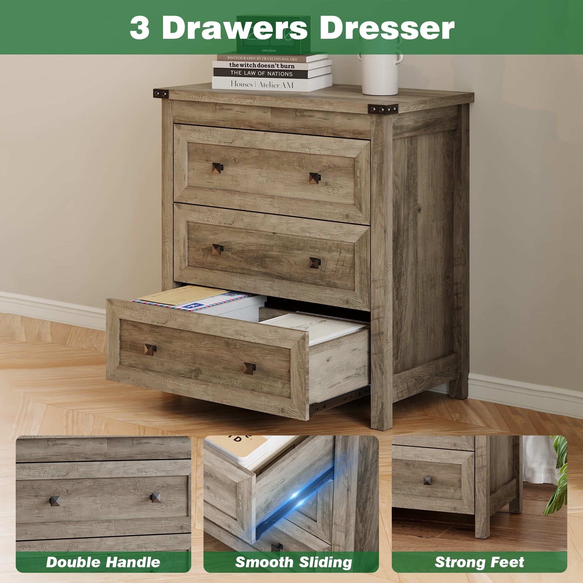 FANRAL 3 Large Drawer Nightstand,29.5" Tall Night Stand,27.5" Wide Side Table,Wood Bedside Table Modern End Table,Small Wide Dresser for Bedroom,Gray Nightstand