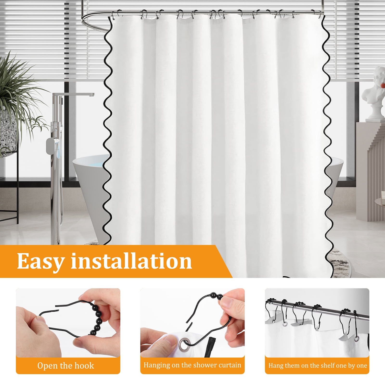Dznils Black Scalloped Boho Shower Curtain with Hooks, Water-Repellent Thick Linen Fabric Bathroom Curtain, White, 72" x 72"