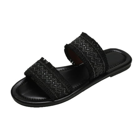 

Gzea Slippers For Women Outdoor Women Beach Weave Cloth Slip On Casual Open Toe Non Slip Flat Breathable Slippers Shoes Sandals Black 37