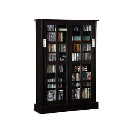 Espresso Sliding Door Media Cabinet - Pemberly Row Windowpane Sliding Glass Door Media Cabinet in Espresso