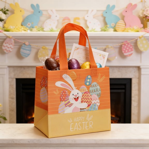 QuanTara Easter Gift Bags Reusable, Non-Woven Fabric Shopping Tote Bag with Bunny Egg Design, Eco-Friendly Holiday Tote 8.27x7.87x5.91in, Multicolor