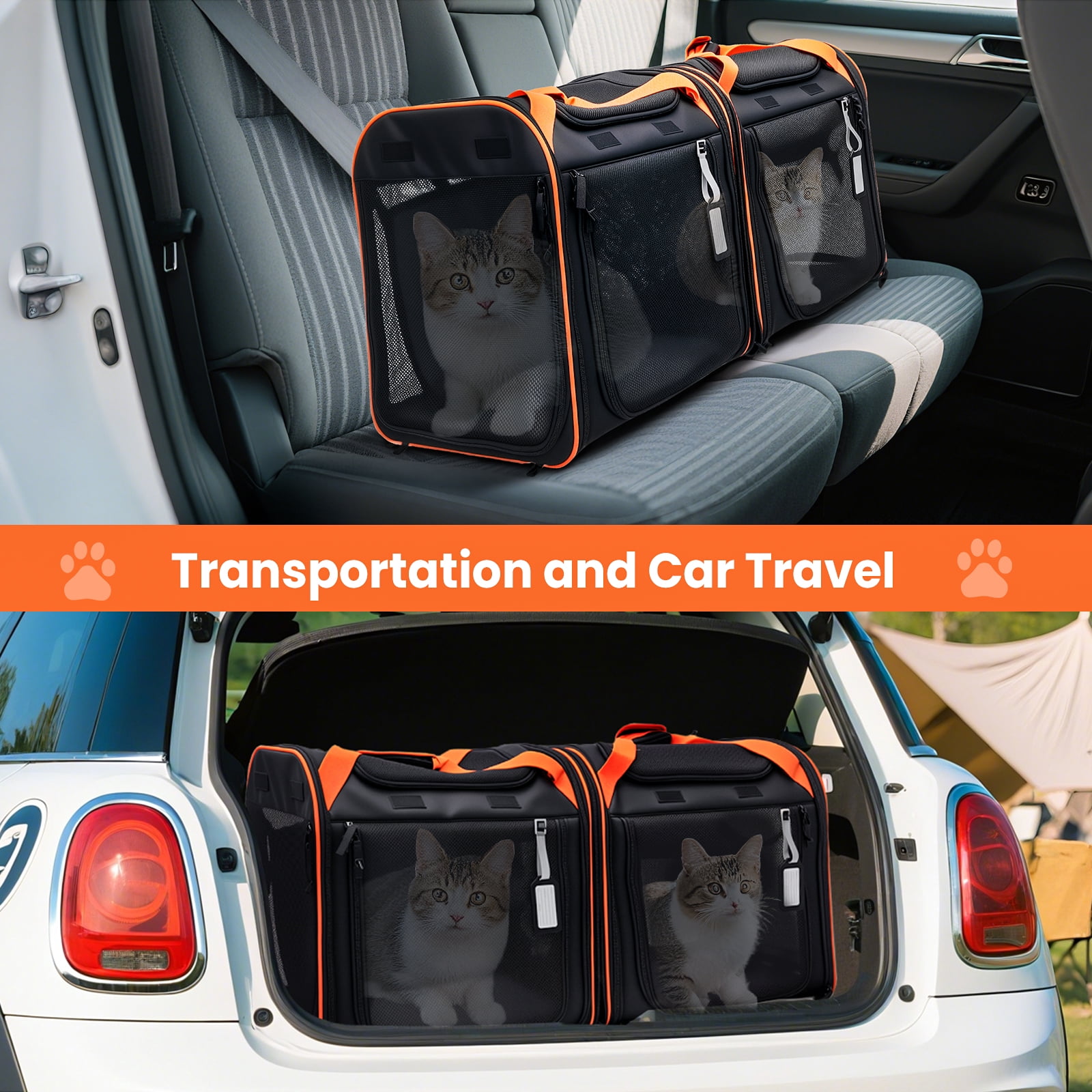 WheelX Portable Double Cat Carrier with Box for Multiple Animal 38x18x15in Large Cat Carrier with Safety Locking Zippers for Long Distance Travel