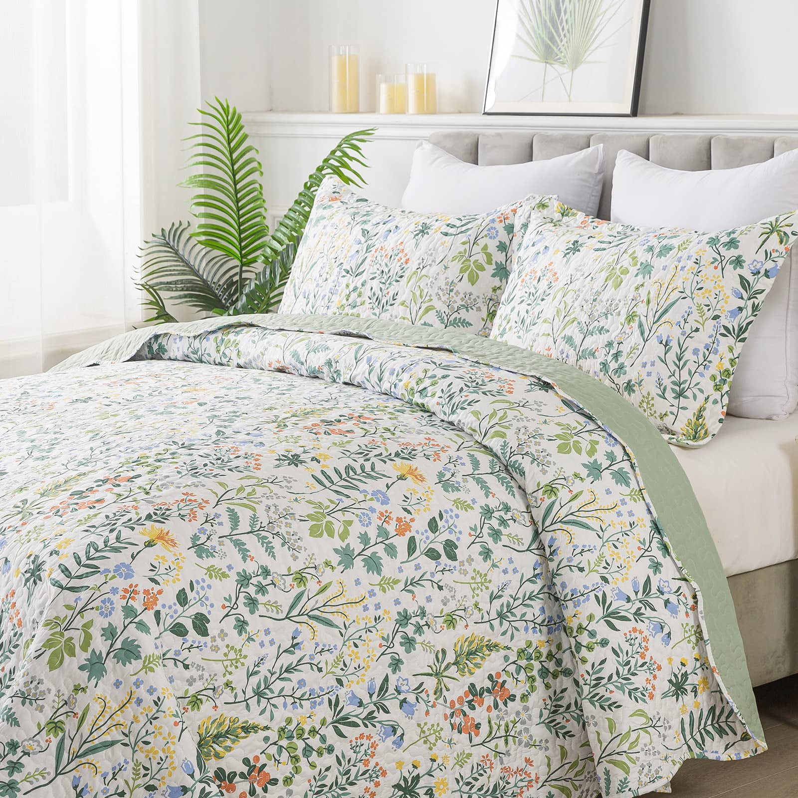 EWAYBY 3-Pieces Green Floral Quilt Sets, King
