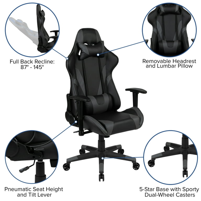 Emma + Oliver Gaming Bundle-Cup/Headphone Desk & Gray Reclining Footrest Chair Grey