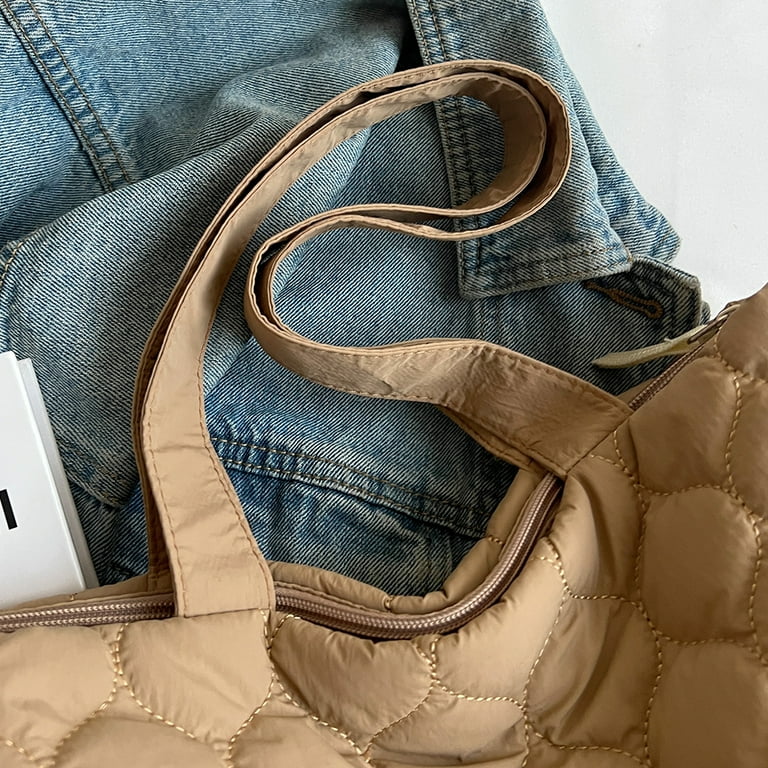 CHAMAIR Quilted Shoulder Bag Large Capacity Cotton Padded Handbag Soft for Work Khaki