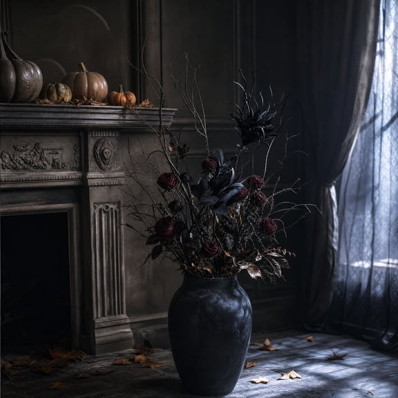 MMJ Halloween Decorations Artificial Flowers Dark Gothic Black Rose Eucalyptus Hydrangea Stems Vase Table Party Centerpiece