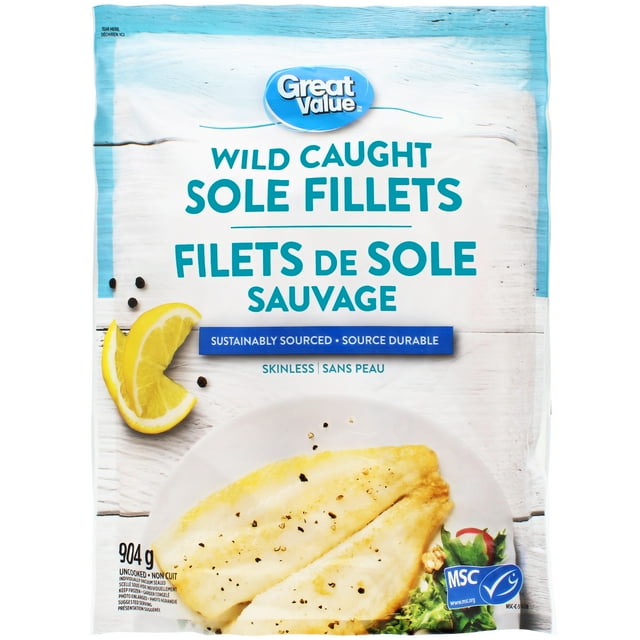 Great Value Wild Caught Sole Fillets, Vacuum Pack, Frozen, 904 g