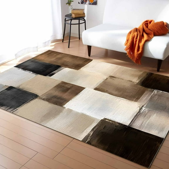 Area Rugs Indoor Non-Slip Rectangle Rug 2x3 Ft Abstract Plaid Brown Distressed Color Block Modern Oil Painting Rug Rubber Backing Floor Mats Non Shedding Home Decor Carpet for Entryway Living Room