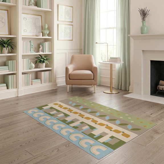 ODIKA 4'x6' Green Beige Retro Rainbow Arches Geometric Washable Area Rug Mid Century Modern Vertical Bands Leaf Motifs Stain Resistant, Low Pile, Easy Care for Dorm Room, Small Living