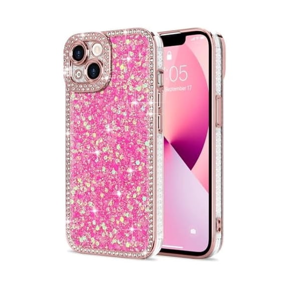 for iPhone 13 Case Glitter, Luxury Shiny Bling Sparkly Phone Cover with Crystal Diamonds Rhinestone for Women Girls Soft TPU Slim Shockproof Protective Phone Case for iPhone 13 6.1", Hot Pink