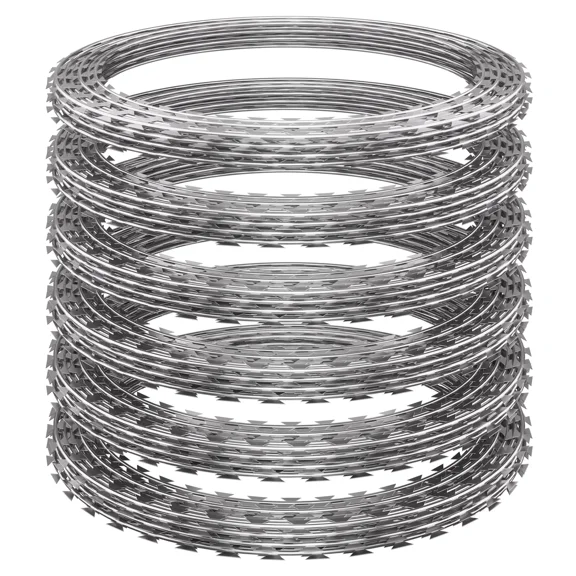 296ft Razor Wire 6 Rolls, Silver Razor Fencing, Galvanized Concertina Wire with Pliers Gloves Warning Sign for Garden Farm Factory Security