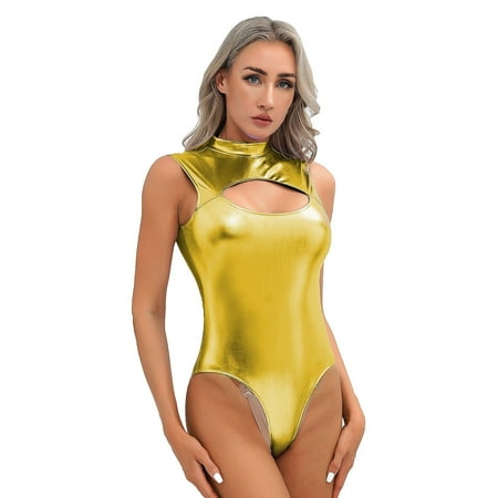 TiaoBug Woman s Latex Patent Leather Cutout Bodysuit Hollow Out Thong Leotard Jumpsuit Gold M