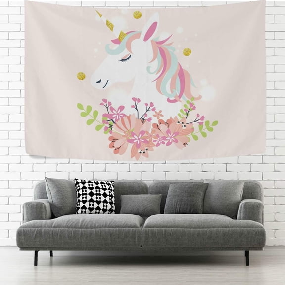 FREEAMG Tapestry Wall Hanging White Unicorn Head Pink Floral Tapestry Decorative Wall Tapestries Wall Art Wall Blanket Bedding Tapestry for Bedroom Living Room Dorm Home Decor 80x60 inch