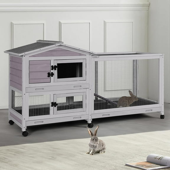 MEDEHOO Indoor Outdoor Rabbit Hutch with Pull-Out Tray, Weatherproof Bunny Cage with Run, Pull-out Tray for Rabbits, Guinea Pigs, Chickens, Gray