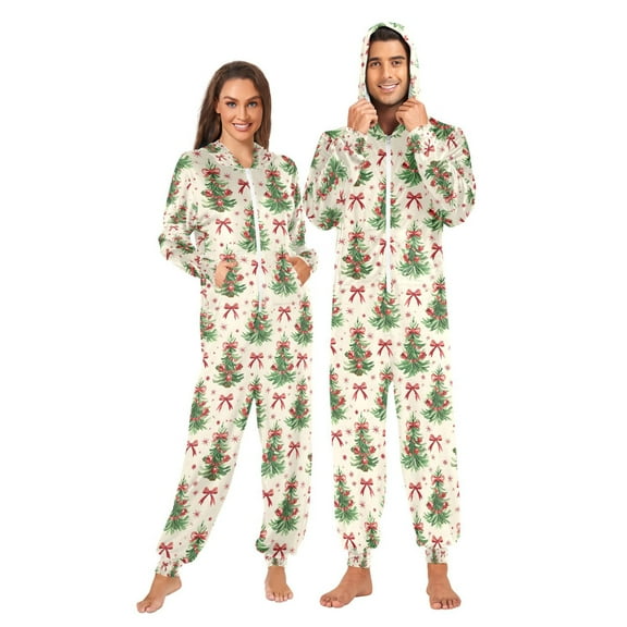 Adult Christmas Onesie Tree Butterfly Adult Zipper One-Piece Pajamas Unisex Pajamas with Pockets