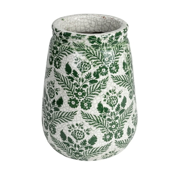 Creative Co-Op Terra-cotta Planter Vase with Flower Pattern and Crackle Glaze, Green and White