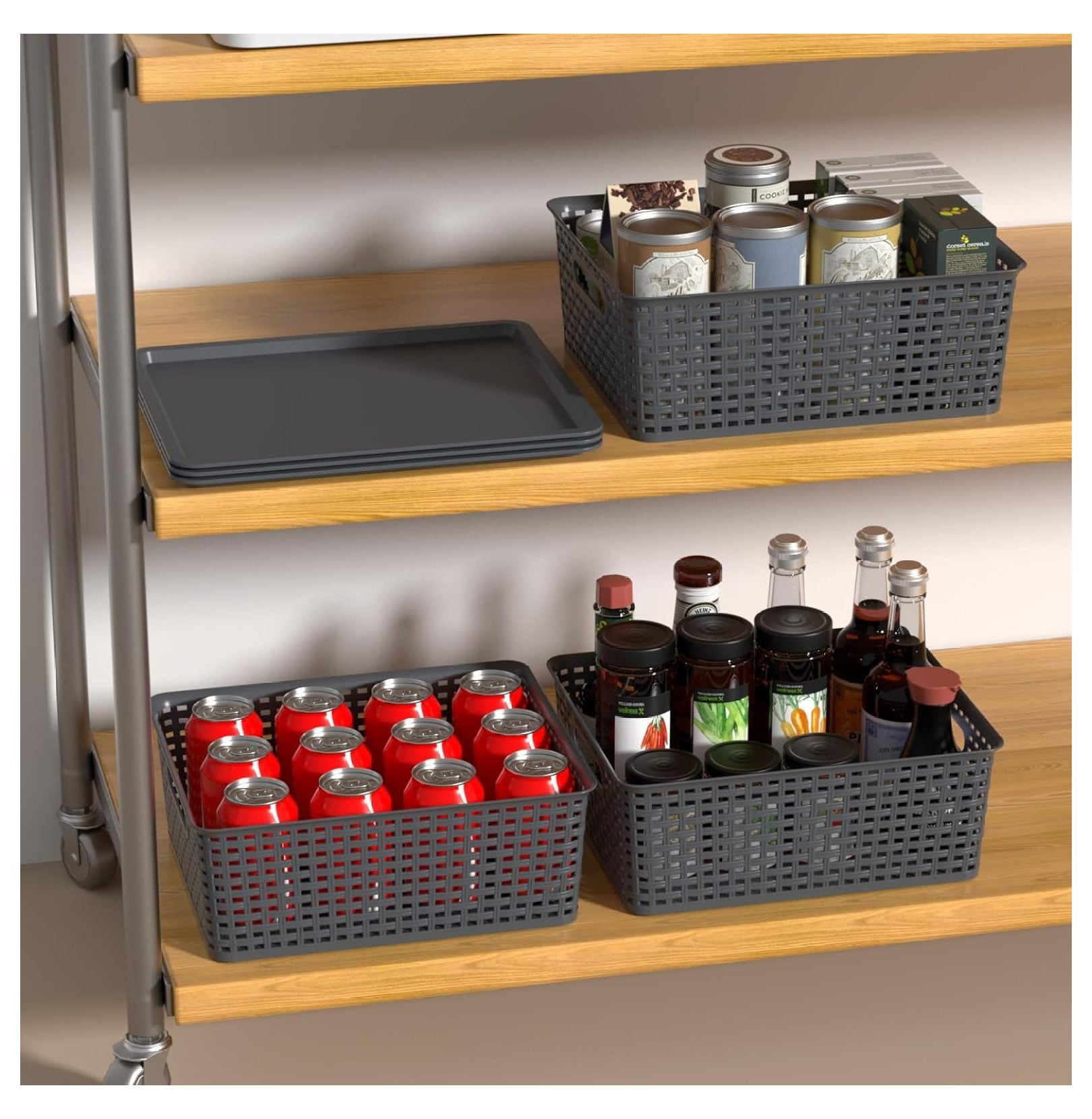 Plastic Woven Baskets 6 Pack, Stackable Storage Bins with Lids, Dark Grey - 14x12x5.3 Inch Organizer for Shelves, Closet, Home, Kitchen, Bathroom