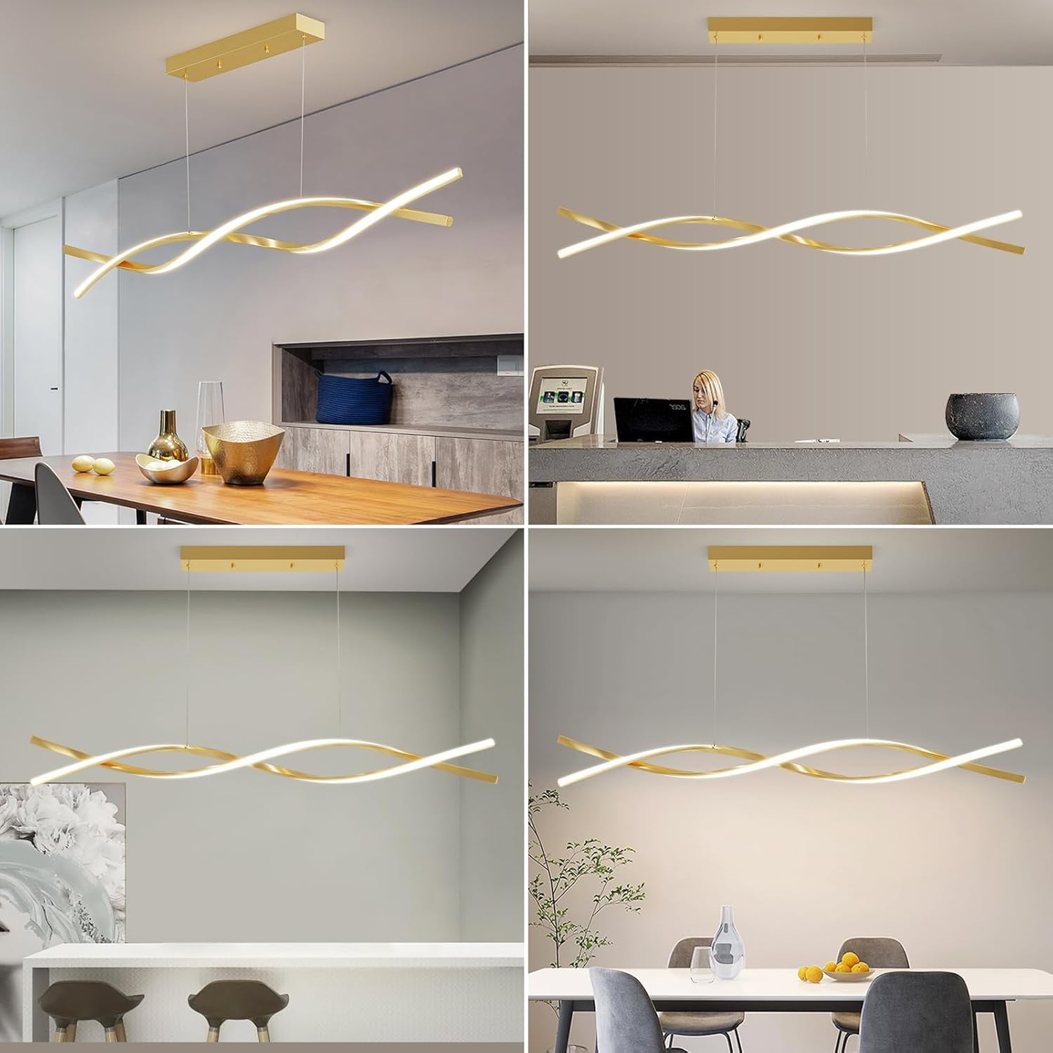 47inch Modern Gold Wave Pendant Light Fixtures Hanging Modern Ceiling Chandelier with Remote Control 3000k-6500K Adjustable Color Temperature