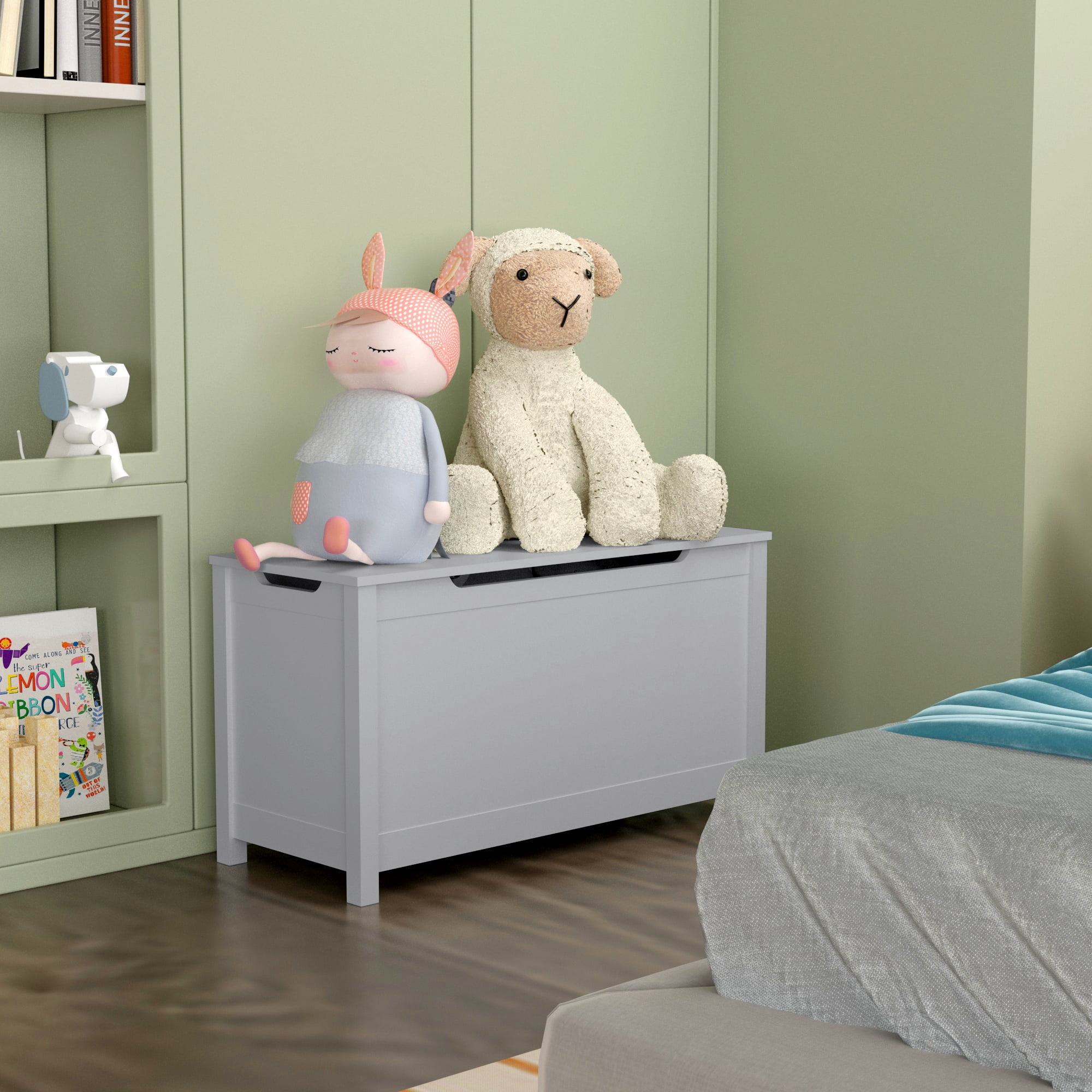 Wooden Toy Chest, Toy Storage Box with Safety Hinged Lid Kids Storage Organizer Bench for Living Room Bedroom and Toddler Room, Gray