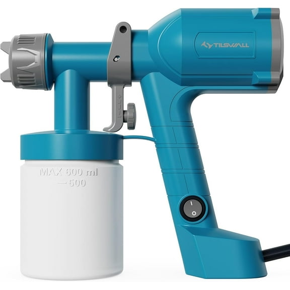 Tilswall HVLP Paint Sprayer, 500W Electric Spray Paint Gun with 600ML Container, 2 Nozzles & 3 Patterns, Ultra Light, Easy to Clean, for Furniture, Cabinets, Wall, Fence, Home (Blue)