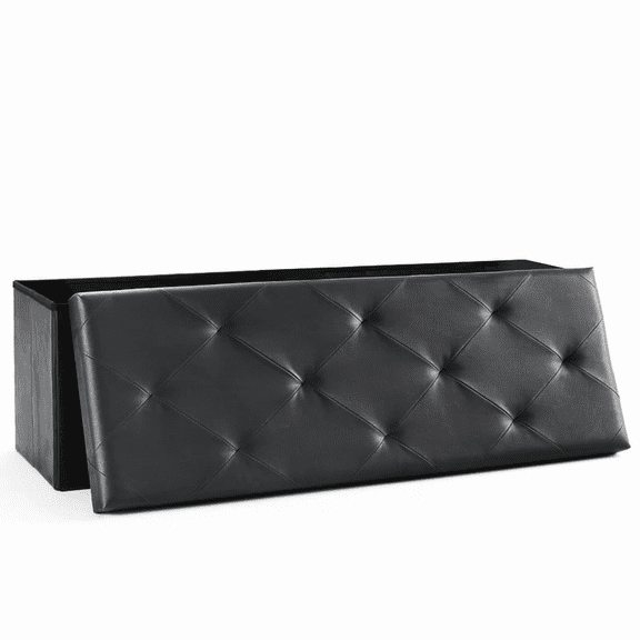 43 Inch Folding Ottoman Storage Bench, Black Synthetic Leather