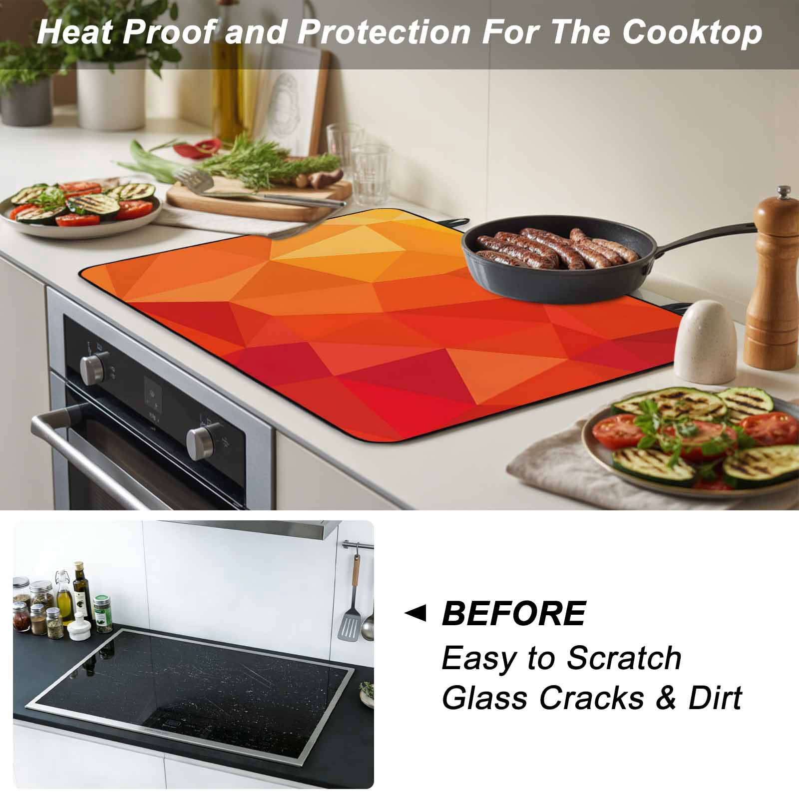 Red Orange Stove Top Cover for Electric Stove, Heat-proof & Non Slip Glass Top Stove Cover Protector, Modern Abstract Ombre Geometric Aesthetic Kitchen Flat Cooktop Rubber Mat 24x21 Inches