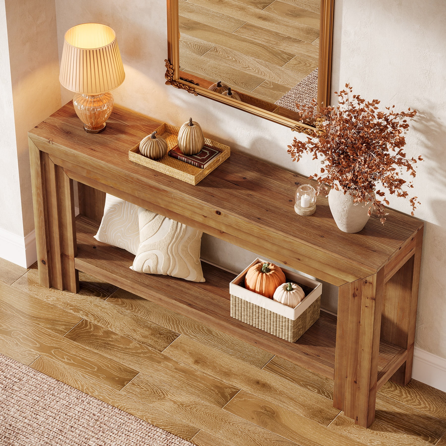 Tribesigns 63-Inch Solid Wood Console Table, Farmhouse Entryway Table with Dimensional Linear Frame for Entrance, Hallway, Living Room, Brown