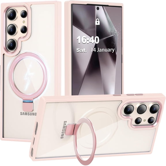 for Samsung Galaxy S23 Ultra Case with Magnetic Invisible Ring Stand, Compatible with Magsafe, Military Drop Protection Clear S23 Ultra Phone Case for Women Men, Pink