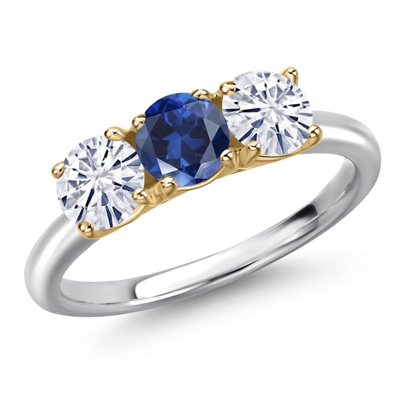 Gem Stone King 10K Two Tone Gold Blue Created Sapphire and White Moissanite Engagement Ring for Women | 1.60 Cttw | Round 5MM | Gemstone September Birthstone | Size 8