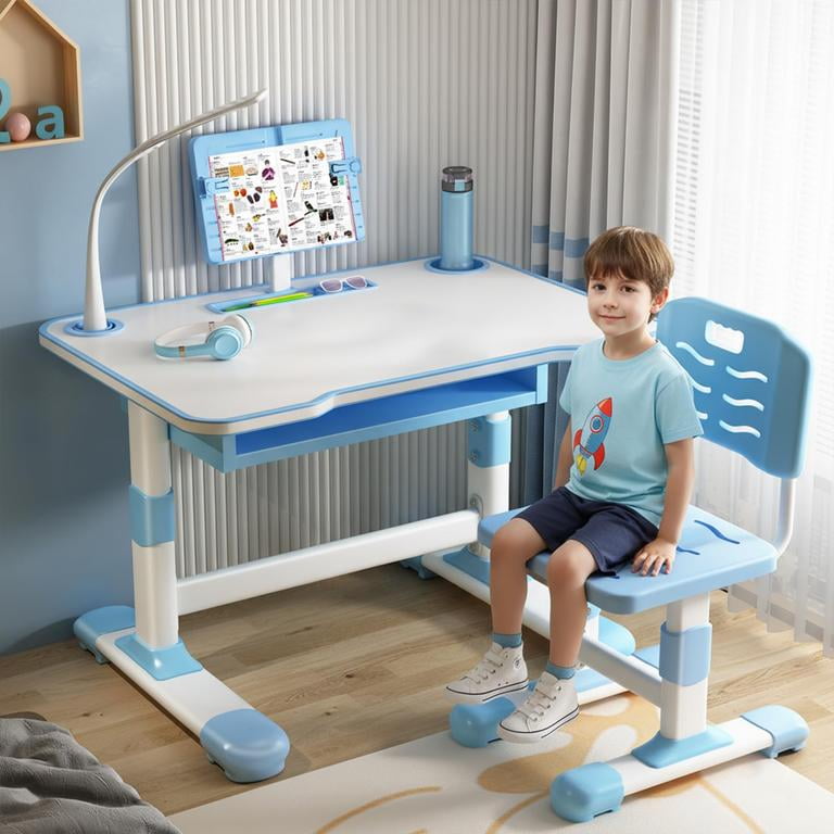 Kids Study Desk Chair Set, Height Adjustable Writing Table, Tiltable Reading Stand, LED Table Light, Children Desk Chair for Bedroom, Study Desks with Large Drawer for Toddlers and Teens (Blue #7)