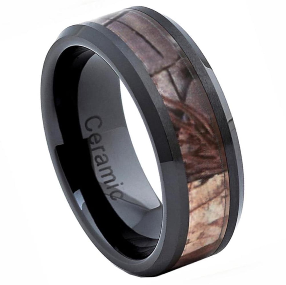 8mm Titanium Black Plated with Camouflage on Pink Background Men's Wedding Band 