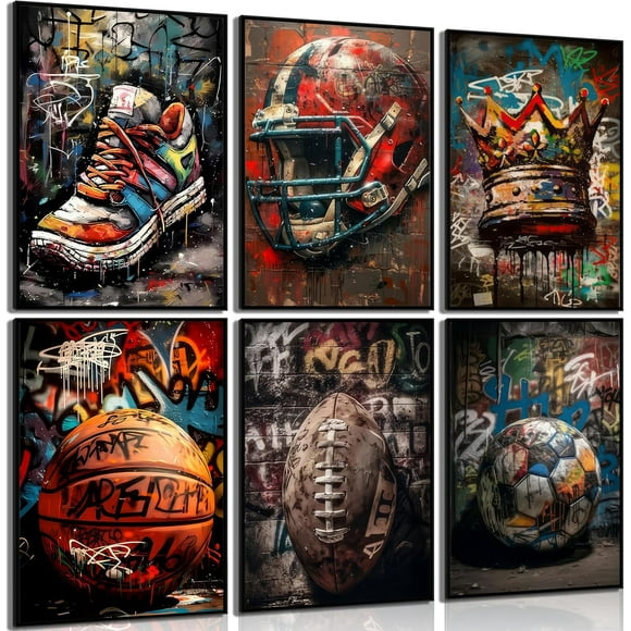 Graffiti Sport Canvas Wall Art American Football Basketball Prints Picture Colorful Crown Ball Sport Painting Poster for Teen Boys Room Bedroom Decoration 8x10 inch Unframed