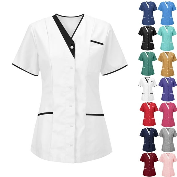 Lenago Scrubs for Women Nurses Button Up Tunic Uniform Clinic V Neck Solid Color Scrub Tops Soft Knit Protective Clothing with 3 Pockets S-XXXL Plus Size Available