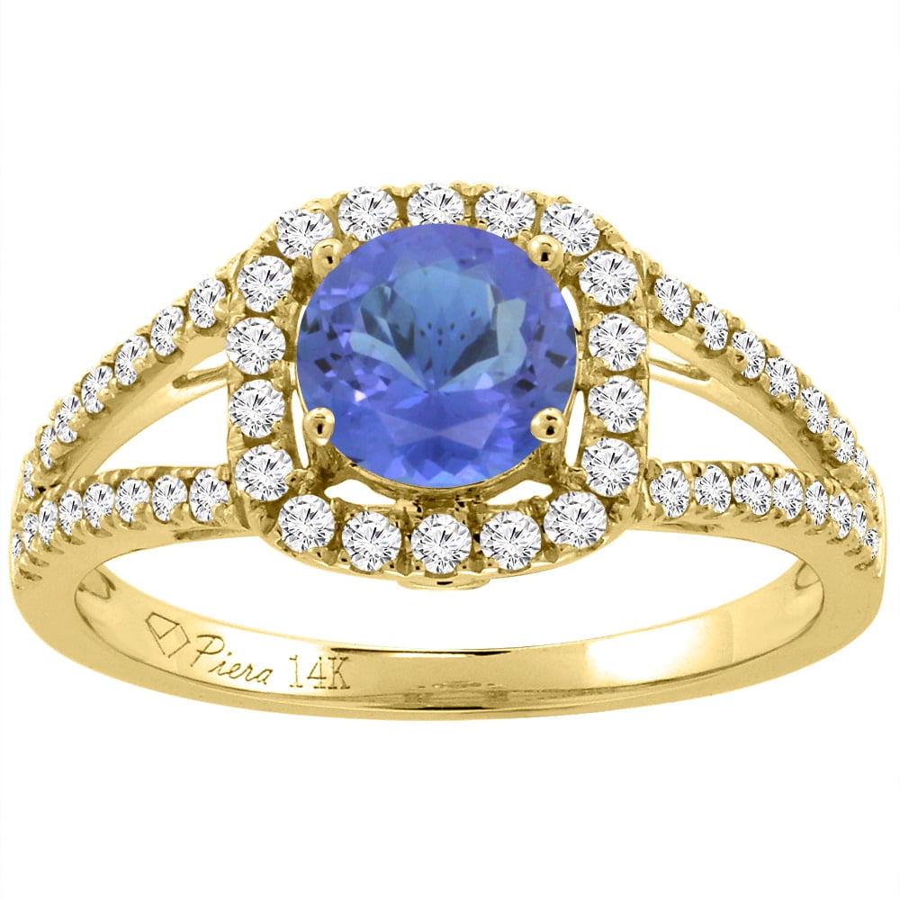 14K Yellow Gold Diamond Natural Tanzanite Engagement Halo Ring Round 7 mm, size 5 by Gabriella Gold