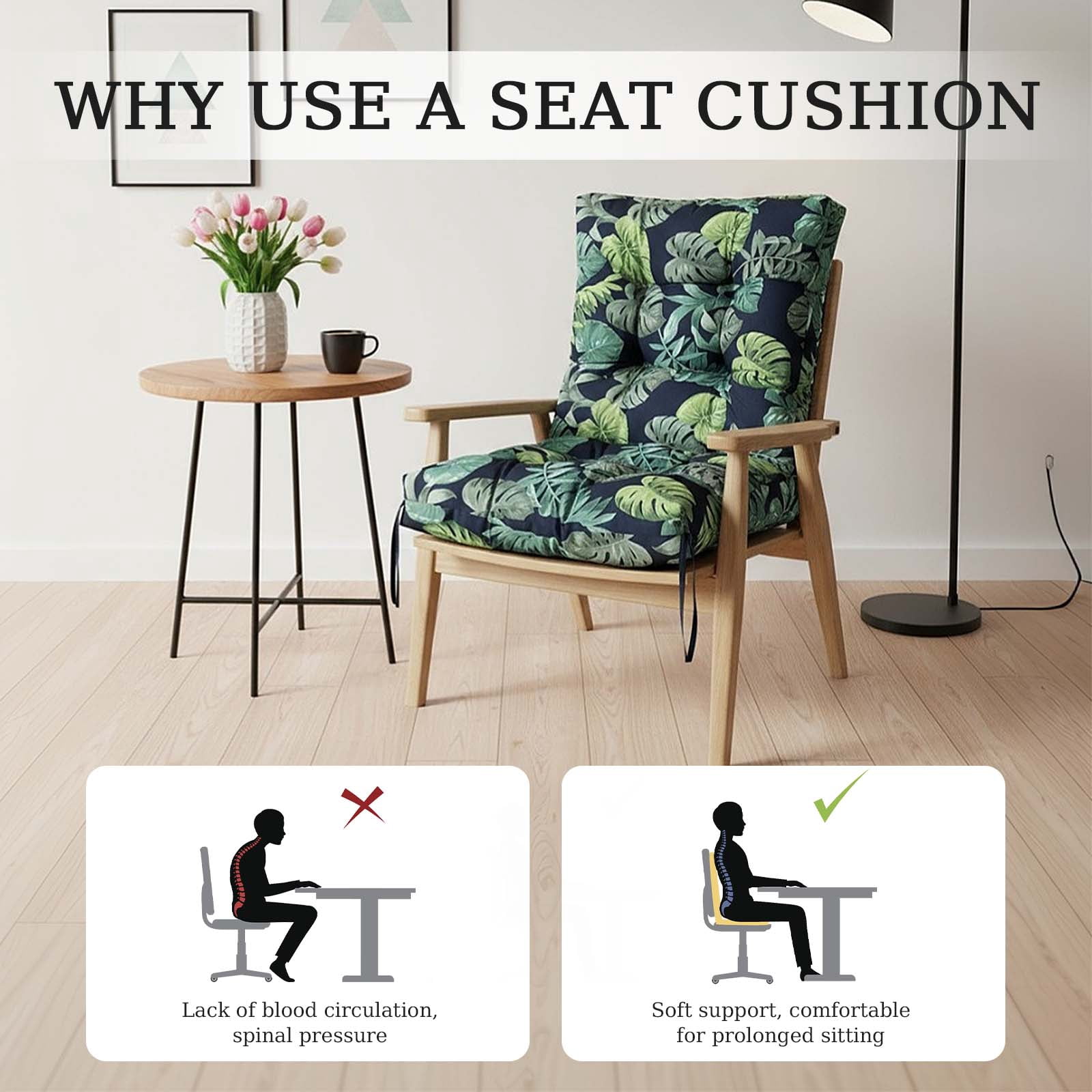 Eurhowing Waterproof Patio Rocking Chair Cushions 1-Piece, 3" Thick Outdoor Chair Cushion with Ties, Non-Slip Seat Pad for Garden Lawn Furniture, 1Pack, Green Leaves