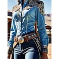 thumbnail image 3 of Women Blue Western Button Down Blouse with Ornate Embroidery and Contrast Trim Long Sleeve Cowboy Shirt, 3 of 3