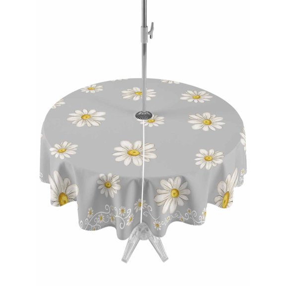 Outdoor Tablecloth with Umbrella Hole for Patio/Picnic/Party/Camping, Grey Spring Floral Waterproof Table Cloth Round Cover Washable, Daisy Flowers Elegant Farmhouse Art (Dia 60")