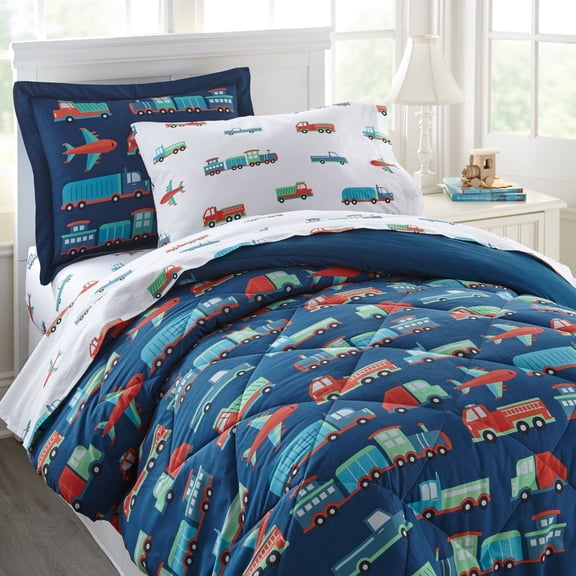 Wildkin Transportation 7 pc 100% Cotton Bed in a Bag - Full in Blue, for Boys unisex